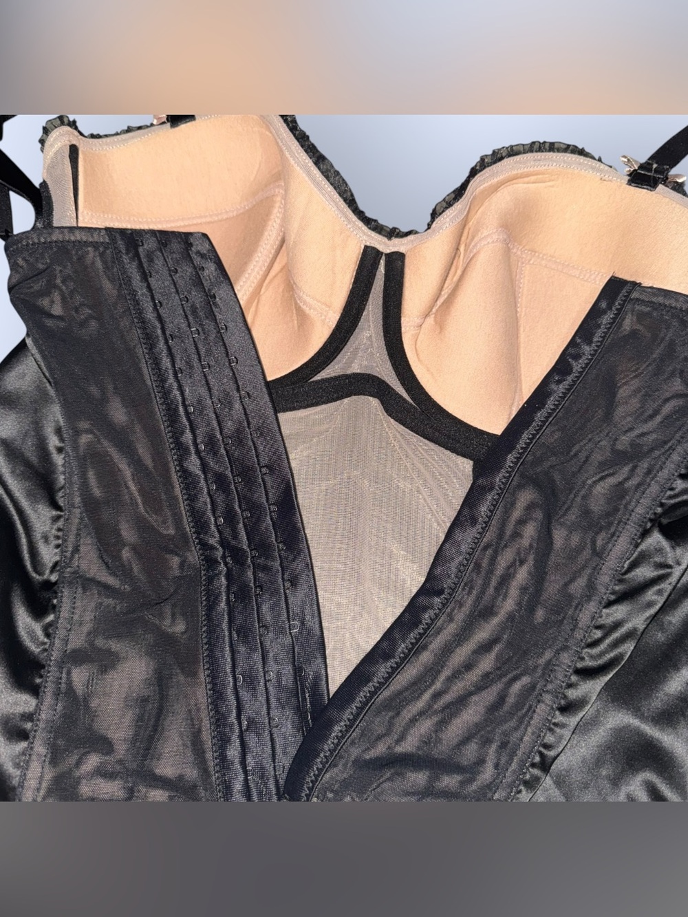 Vintage Parfait Affinitas Black Satin & Sheer-Striped Longline Camisole Corset - Picture 6 of 8